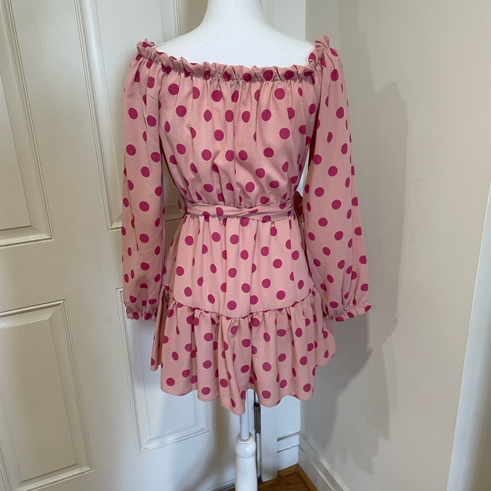 Pretty Little Thing Dusty Pink Polka Dot Bardot Tie Waist Shift Dress - Picture 5 of 9